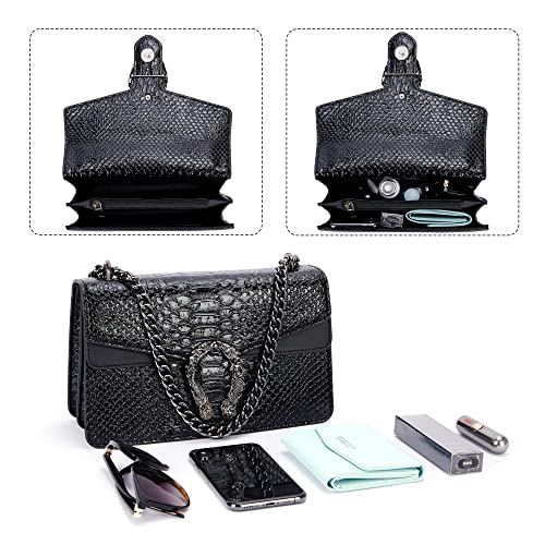 Image of Crossbody Shoulder Square Purse For Women - Fashion Embossed Snake-Print Leather Handbag Metal Chain satchel Tote Bag