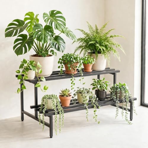 Image of Zeroway 2 Tier Metal Plant Stand | Heavy-Duty Plant Rack with Powder-Coated Metal Frame | Stable 4-Leg Design | Supports Up to 250 kg | Convertible Plant Stand for Balcony, Garden & Office