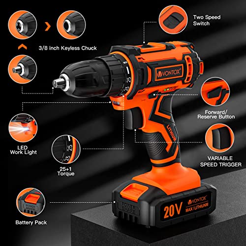Drill Set, V VONTOX 20V Cordless Drill with 2 Batteries 2.0AH & Fast Charger, Home Power Drill 3/8" Keyless Chuck, 370 In-lb Torque, 2 Speed, 25+1 Position, 24pcs Drill for DIY - Thumbnail 7