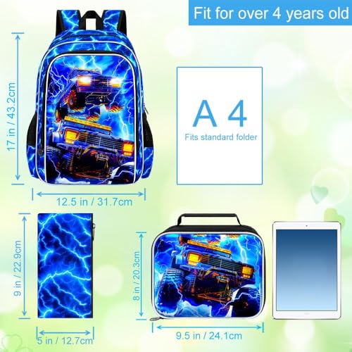 Image of 17 inch Truck Backpack for Boy, 3Pcs Lightning Bookbag for Elementary Preschool Kindergarten, Kids School Thunder Backpacks with Lunch Box (Blue)