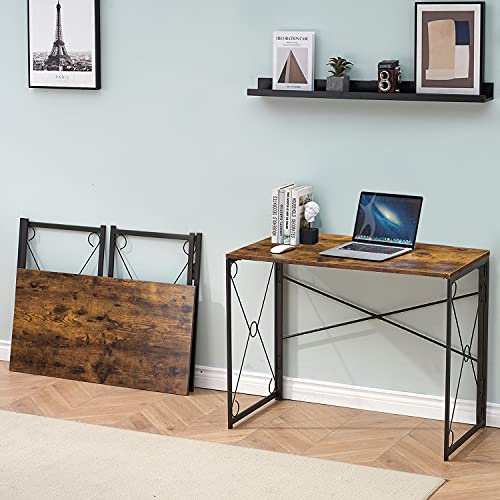 Vecelo Folding Computer Desk 39.4'', Simple Laptop Table Home Office Workstation For Reading Writing, No Assembly Needed, Small Space, Antique Brown #TOP1