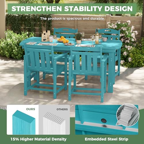 Image of HDPE Outdoor Dining Set, Patio Table and Chairs Set, All-Weather 5-Piece Outside Table and 4 Chairs, 2 inch Umbrella Hole, Outdoor Furniture for Garden, Poolside, Backyard, Deck | Lake Blue