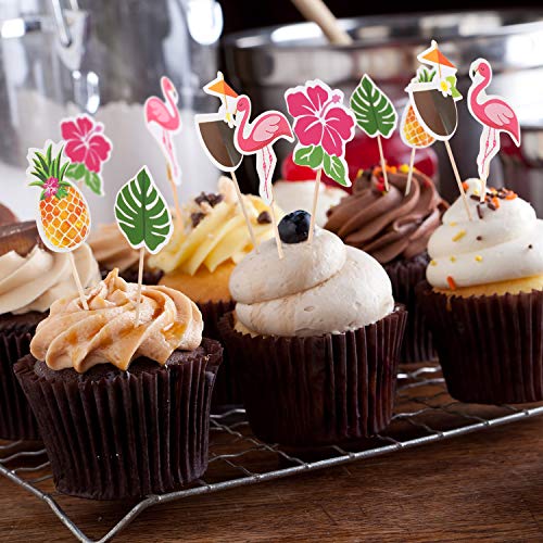 Yaomiao 96 Pieces Tropical Hawaiian Cupcake Toppers Luau Summer Flamingo Pineapple Hibiscus Flowers Tropical Palm Leaves Cupcake Toppers Picks Party Supplies #TOP5