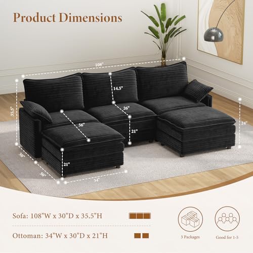 Image of Vesgantti 108 inch U Shaped Sectional Couch, Comfy Cloud Modular Sectional Sofa with 2 Ottoman Deep Seat Corduroy Modern Cloud Sofa, Modular Sofas for Living Room, Bedroom and Apartment, Gray