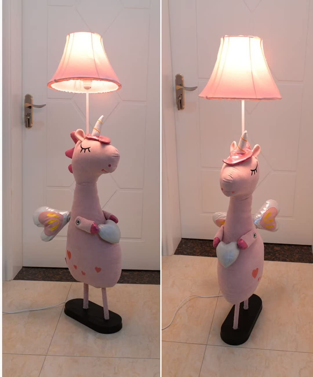 Lampadaire licornes dessinées, lampe sur pied modèle animal mignon avec abat-jour en toile, lampe de chevet pour chambre d'enfant, éclairage décoratif, support de lampe E27, bouton poussoir