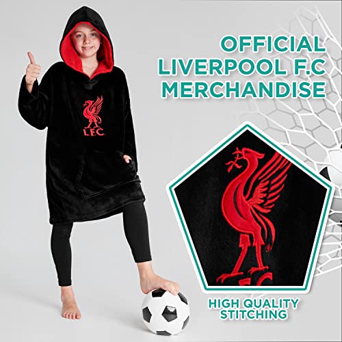 Liverpool FC Fleece Hoodie Blanket for Boys Teenagers One Size Kids Oversized Hoodie Liverpool Gifts for Boys (Black)