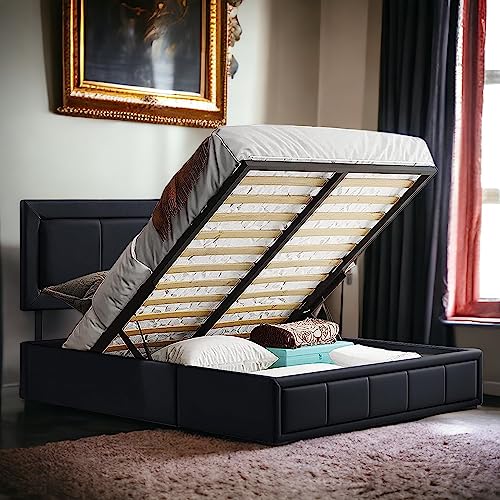 Small Double Ottoman Bed With Mattress Included, Upholstered Ottoman Queen Size Bed Frame, Faux Leather Bed Frame With Under Bed Storage, 4ft Black Small Double Bed Frame With Mattress