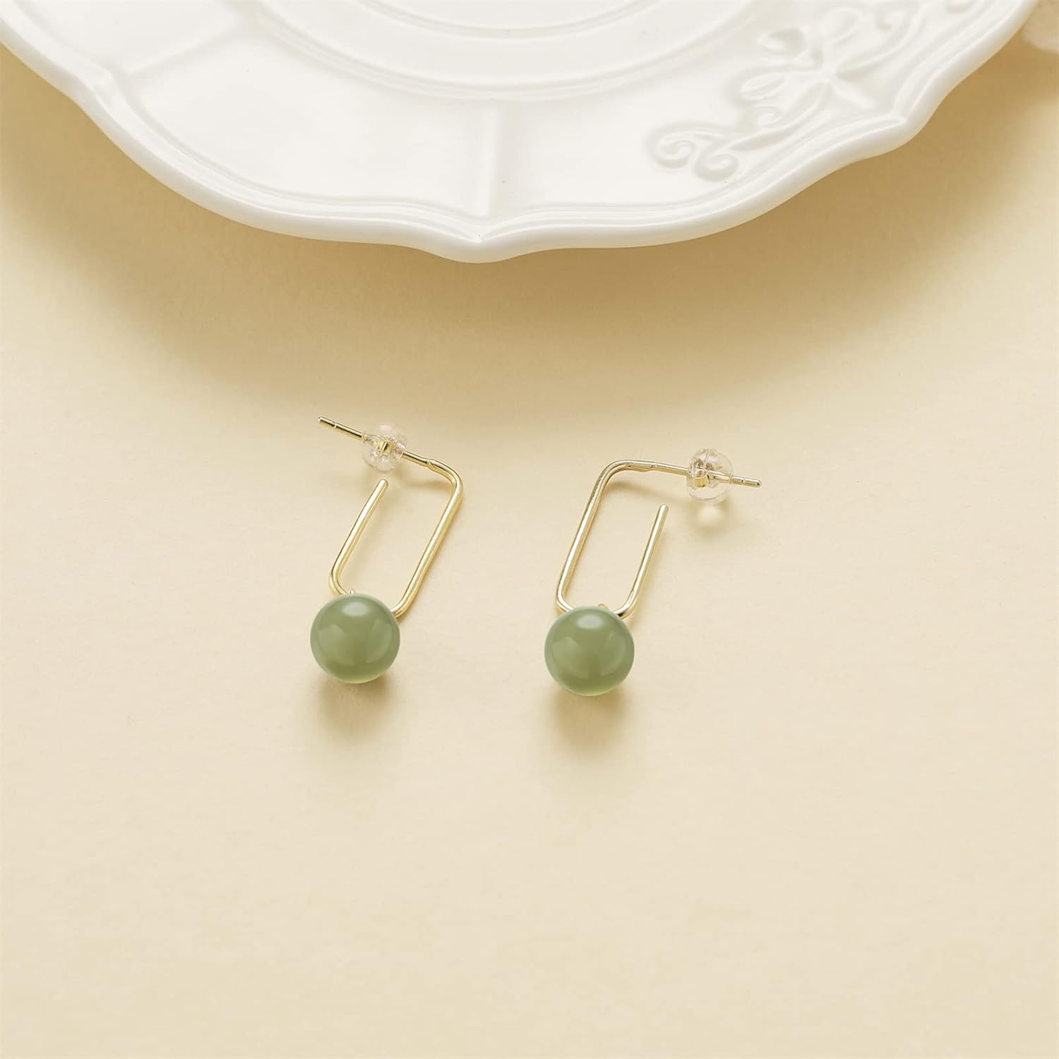 Natural Hetian Jade Earrings for Women, Lucky Green Jade Beaded Ear Jewelry Studs, Handmade Ear Stud Earrings Hoop Earrings Gift for Mom Lover Her (925 Sterling Silver with Gold Plated)