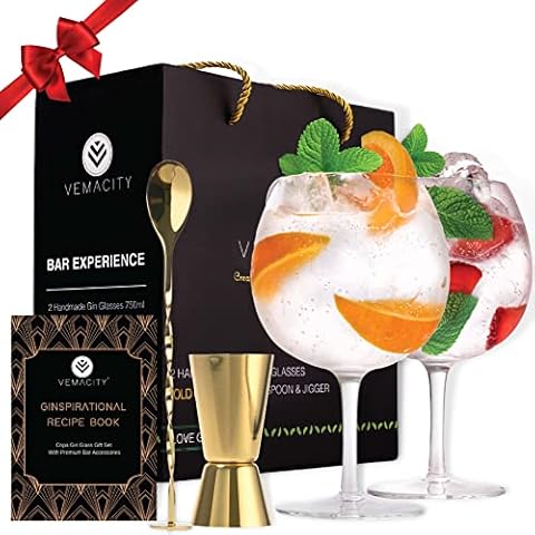 Gin Glasses for Gin Lovers-Set of 2 Handmade G&T Glasses (700ml)| Rose Gold Pro Cocktail Spoon and Double-Sided Jigger | Large Cocktail Glasses in a Gift Box- Authentic Copa Glasses by VEMACITY (Gold) Cover