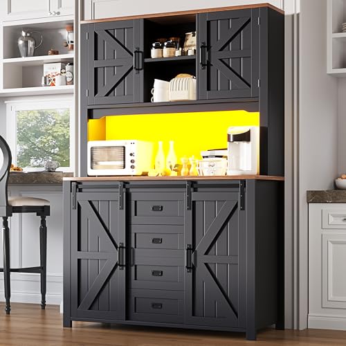 Gxffipw Küchenschrank Buffetschrank Höhe 174.7 cm mit LED Licht und 2 Schubladen, Hochschrank Vorratsschrank mit Schiebetüren, Küchenschränke Highboard mit Ablagen, Küchenmöbel, Schrank Schwarz