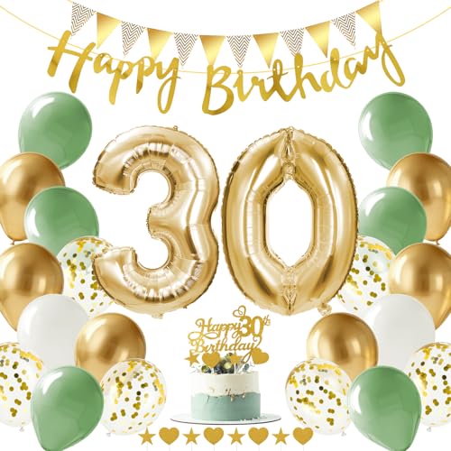 Alaoo Set balões de aniversário de ouro verde, conjunto de balões de aniversário, 38 peças com bandeira feliz aniversário, balão de aniversário 30 anos decoração de aniversário para homem e mulher