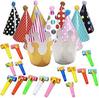 Skystuff Party Hats for Kids, 11PCS Party Cone Hats for Adults Birthday Party Paper Hats with Pom Poms, 15PCS Whistle Blowers Party Crown Party Poppers Decoration for Christmas New Years Eve Wedding