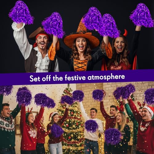 Jerify 60 Pcs Purple Cheerleading Pom Poms Bulk Metallic Foil Cheer Squad Spirited Pompoms with Baton Handle Plastic Cheering Pompom for Sports Football Basketball Cheering Team Spirit Dance Party