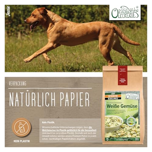 ORIGINAL LECKERLIES Weiße Hunde Gemüse-Flocken Black&White, 1 kg getreidefreie Gemüseflocken, Hundeflocken, Barf Zusatz Hund Hundefutter – Naturprodukt für Hunde