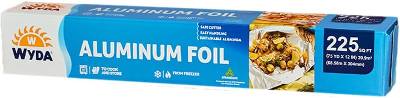 Wyda Aluminum Foil Roll – 225 Sq Ft (75 Yd x 12 In) | Food-Grade with Built-In Cutter | Oven, Grill & Freezer Safe | Best Value | Made in USA | Recyclable