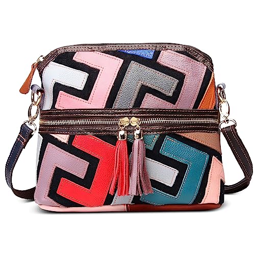 DIRRONA Women’s Leather Shoulder Bag – Handmade Patchwork Crossbody Handbag with 3D Floral Appliqués, Multicolor Vintage Design, Lightweight Multi Pocket Bags Women for Work Multicolor Geometric
