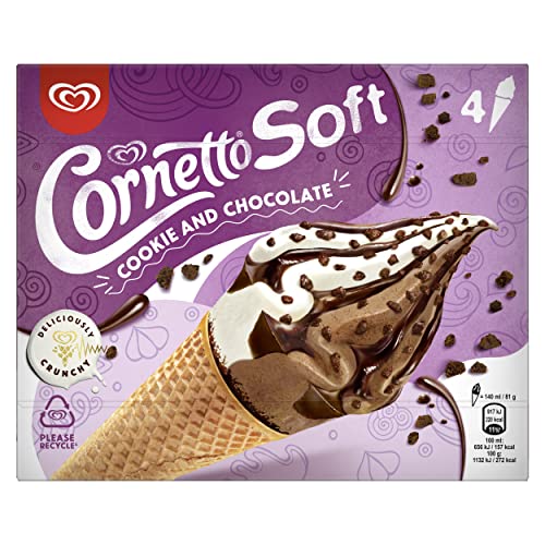 Cornetto Cono, Helado Soft Cookie y Chocolate, 4 x 140ml (Congelado)