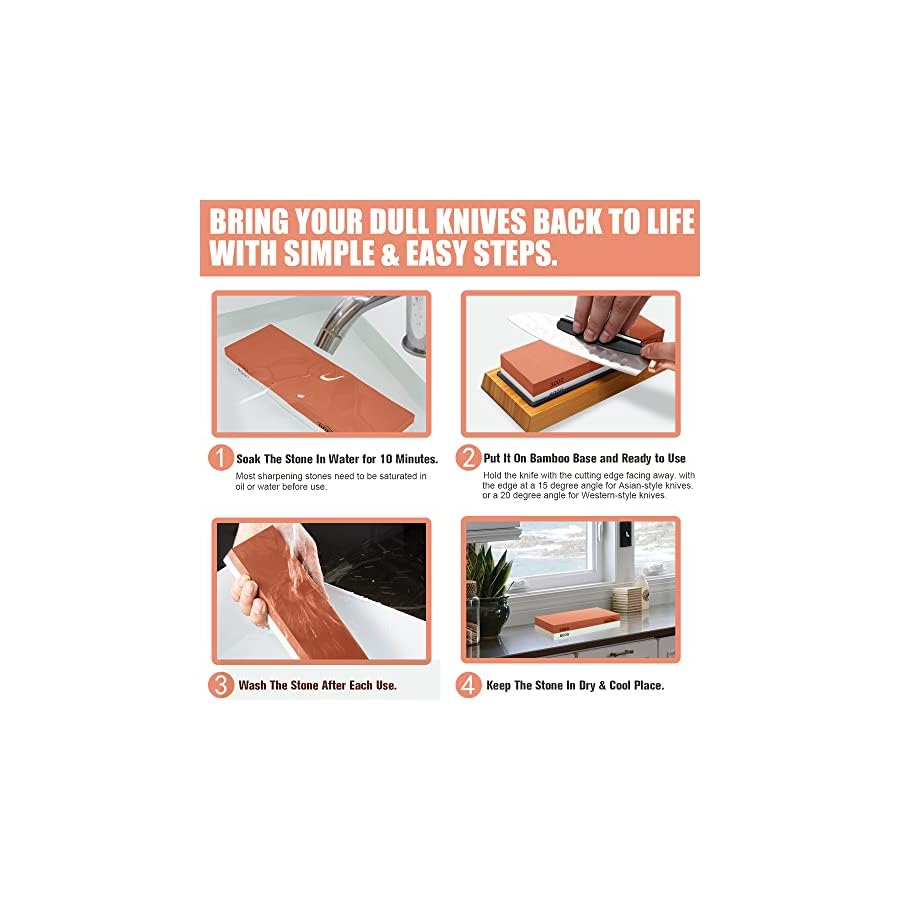 Knife Sharpening Stone Set, HMPLL Whetstone Knife Sharpener Stone Set 4 Side Grit 400/1000 3000/8000, Professional Include Non-Slip Bamboo Base, Leather Strop, Flattening Stone & Angle Guide