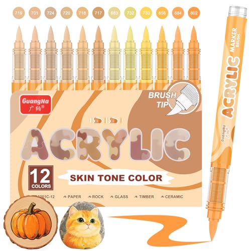 Funnasting Feutre Acrylique, 12 Couleur de Peau Série Feutres Acrylique Set pour La Peinture Sur Roche, Verre, Tasses, Bois, Métal, Bricolage