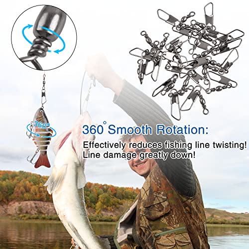 SILANON Barrel Fishing Swivel with Safety Snap -120pcs High Strength Barrel Snaps Swivel Fishing Tackle Line Connector Solid Rings(Black/Gold)