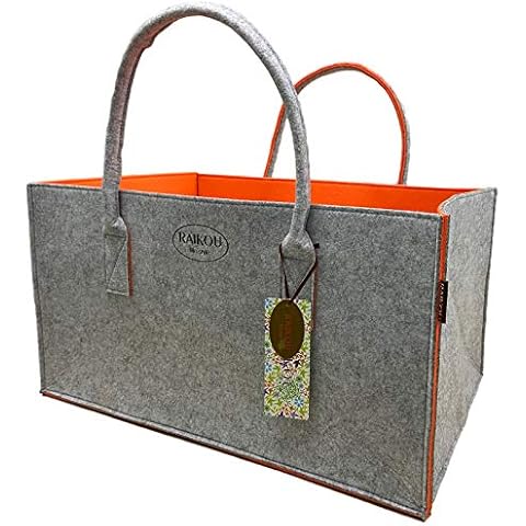 RAIKOU Felt Firewood Basket Felt Shopping Bags, Large Shopping Bags with Handles, Shopping Baskets, Collapsible Firewood Bags for Wood Storage(Grey/Orange,50 * 34 * 27cm) Cover