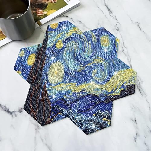Image of 7 Piece Hexagon 5D Diamond Painting Coasters Set with Holder - DIY Puzzle Coasters Set Inspired by Van Gogh's Starry Night Mosaic Art Cup Mats for Table Decoration & Gift