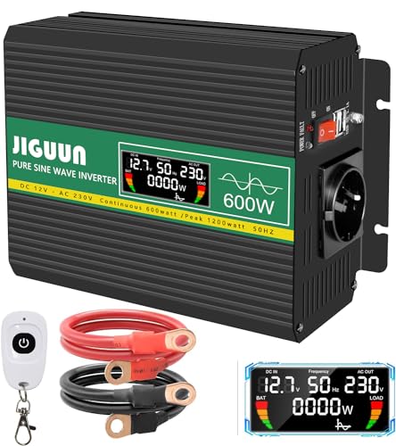 JIGUUN 600W Wechselrichter Reiner Sinus Spannungswandler 12v 230v Inverter Mit EU-Steckdose und 2 USB-Ausgängen 2,1 A，Kabellose Fernbedienung und LCD-Anzeige Spitzenleistung 1200W für LKW Camping …