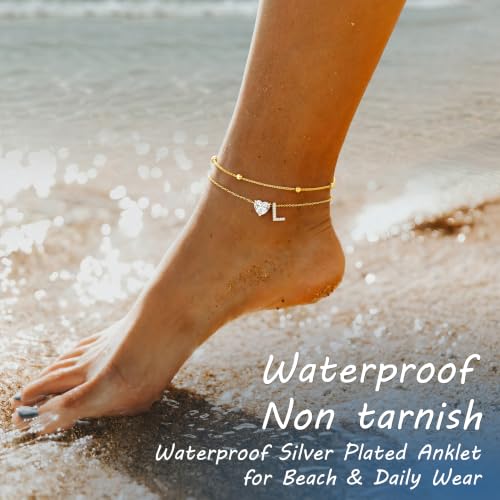 Image of NECOCY Initial Heart Diamond Anklets for Women Waterproof, Non Tarnish 14k Gold Plated Letter Ankle Bracelets Dainty, Summer Beach Bikini Jewelry Gifts for Women