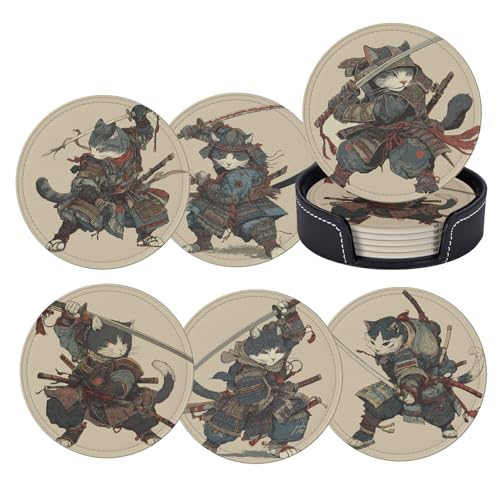 Bshuey Japanese Anime Kongfu Cat Leather Coaster Decor 6pcs with Holder