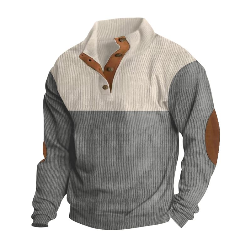 ZOCAVIA Men's Western Corduroy Sweatshirts Fall Casual Button Up V Neck Henley Shirts Stand Collar Long Sleeve Pullover Tops
