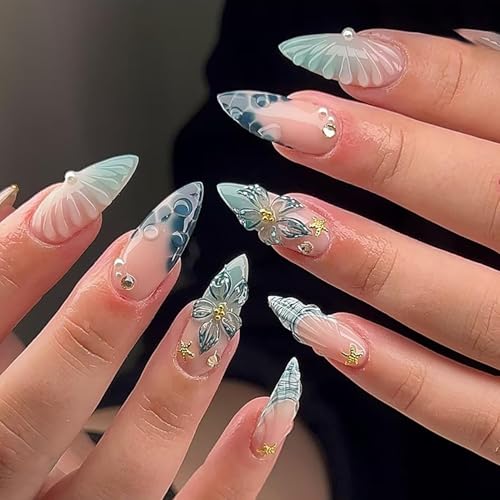 Press On Almond Nails Medium Length Glossy Full Cover Acrylic False Nails with Designs Charms and Glue Stick Artificial Nail Set for Women and Girls