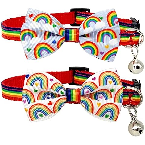 Casidoxi 2 Pcs Rainbow Cat Collar Breakaway with Bell, Pride Cat Bow Tie Collars for LGBT Pride Month Cats Puppy Pride Apparel Cover