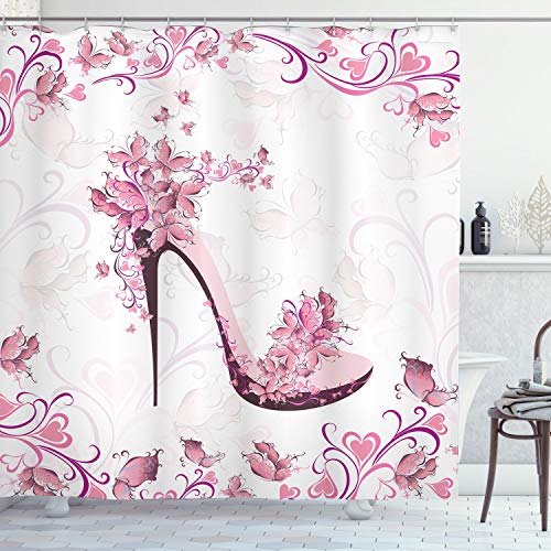 Ambesonne Pink and White Shower Curtain, Ornamental Butterflies and Hearts