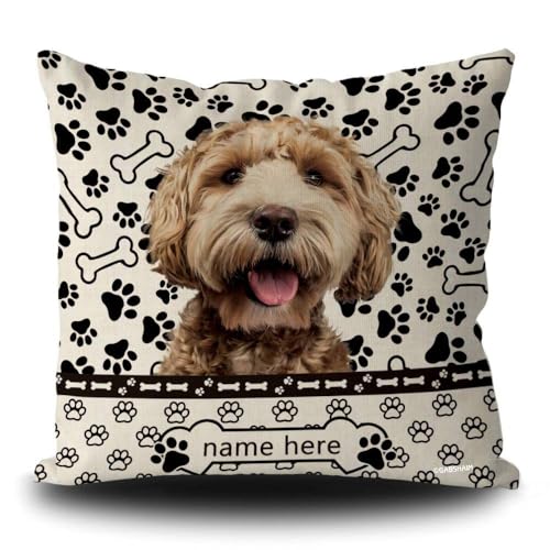 Image of GABSHAIM Custom Dog Polka Dots Throw Pillow Cover Labradoodle Puppy Paws Bone Black and White Decorative Home Couch Cushion Pillowcase 18x18 Inch Square Linen