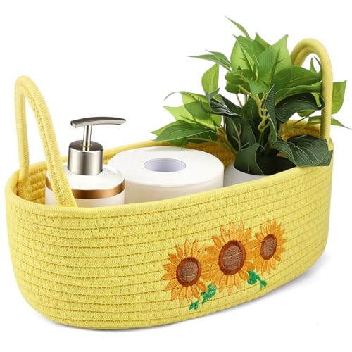 Vesici Sunflower Woven Storage Basket for Toilet Tank Top Boho Cotton Rope Bathroom Countertop Organizer Basket with Handle Yellow Bathroom Decor for Bedroom Nursery Toys Organizing 13 x 6 x 4 Inch