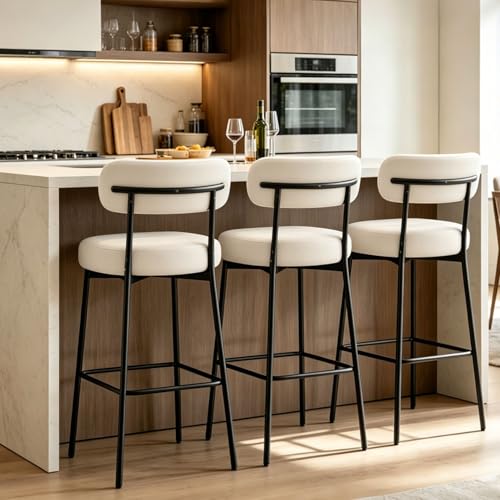 Image of Bar Stools, 30 inch Tall Bar Stools Set of 3, Boucle Upholstered Counter Height Bar Stools, Modern Bar Chairs Metal Frame with Back and Footrest for Kitchen Island,White Barstools