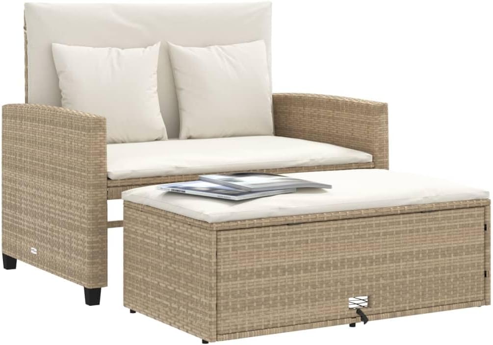 Outdoor Patio Sofa Convertible to Bed, Beige Synthetic Rattan Loveseat with Storage for Garden Terrace Balcony