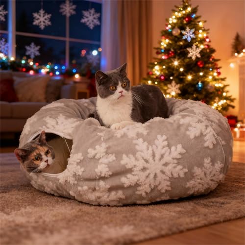 Cat Tunnel with Bed – Soft Plush Peekaboo Donut Cave for Indoor Cats | Under Christmas Tree Hideaway & Multifunctional Playground Toy for Kittens, Rabbits, Ferrets (Short-Pile Fabric Snowflake) by walnest - Used condition - US$9.68