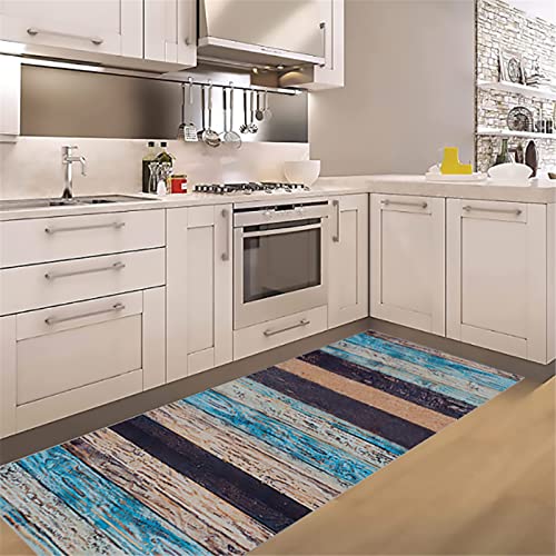 Tapis de cuisine lavables bleu et antidérapant à effet bois rustique