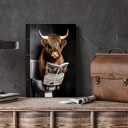 Psvod Funny Bathroom Wall Decor Highland Cow Sits On The Toilet And Reads The Newspaper Funny Animal Print Home Print #TOP6