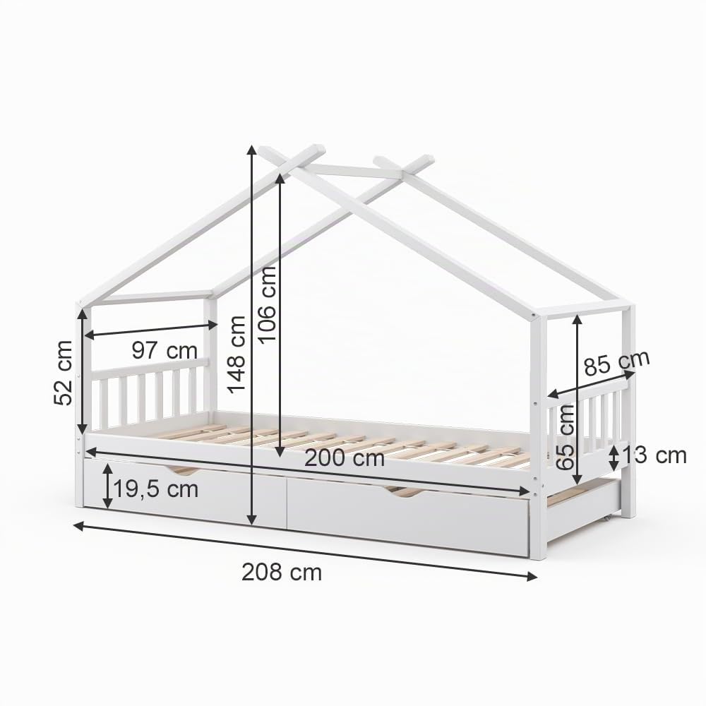 VitaliSpa Letto montessori bambini Design, Bianco, 90x200 cm con letto per ospiti, con sponda anticaduta e rete a doghe per un sonno sicuro