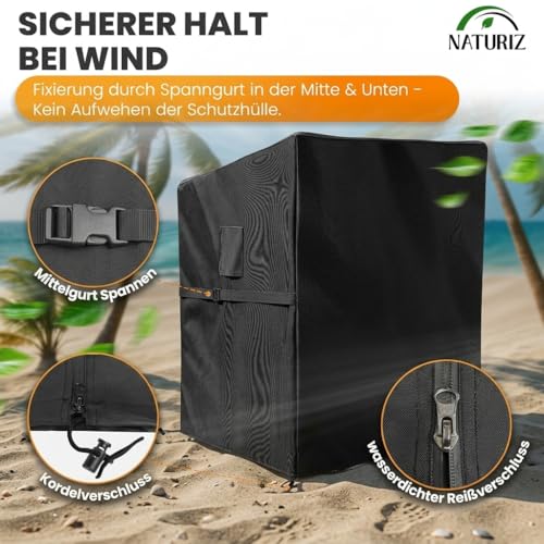 Naturiz® Premium Strandkorb Schutzhülle Winterfest - wetterfest - wasserdicht/Strandkorb Abdeckung reißfest & UV-beständig mit Belüftungsfenstern, 600D Oxford (Schwarz, 155)