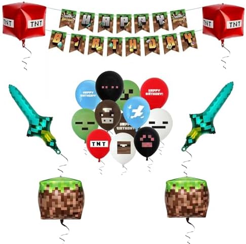 Pixel Happy Birthday Decorations Party Favor Balloons with Banner...