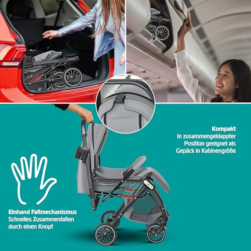 KIDIZ® Kinderwagen Kinderbuggy klappbar Liegebuggy Sportwagen Faltbar 360° Räder 5-Punkt Gurt Inkl. Fußsack, Getränkehalter, Regenabdeckung & Moskitonetz verstellbare Rückenlehne & Sonnenverdeck
