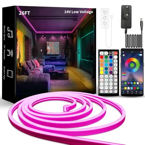 BUNACET RGB Neon LED Strip Dimbaar 8M 24V LED Strip RGB Flexibele Neon LED Verlichting IP65 Waterdichte met APP Controle,Muziek Sync,Voeding en RF afstandsbediening voor TV DIY Slaapkamer Buiten Decor