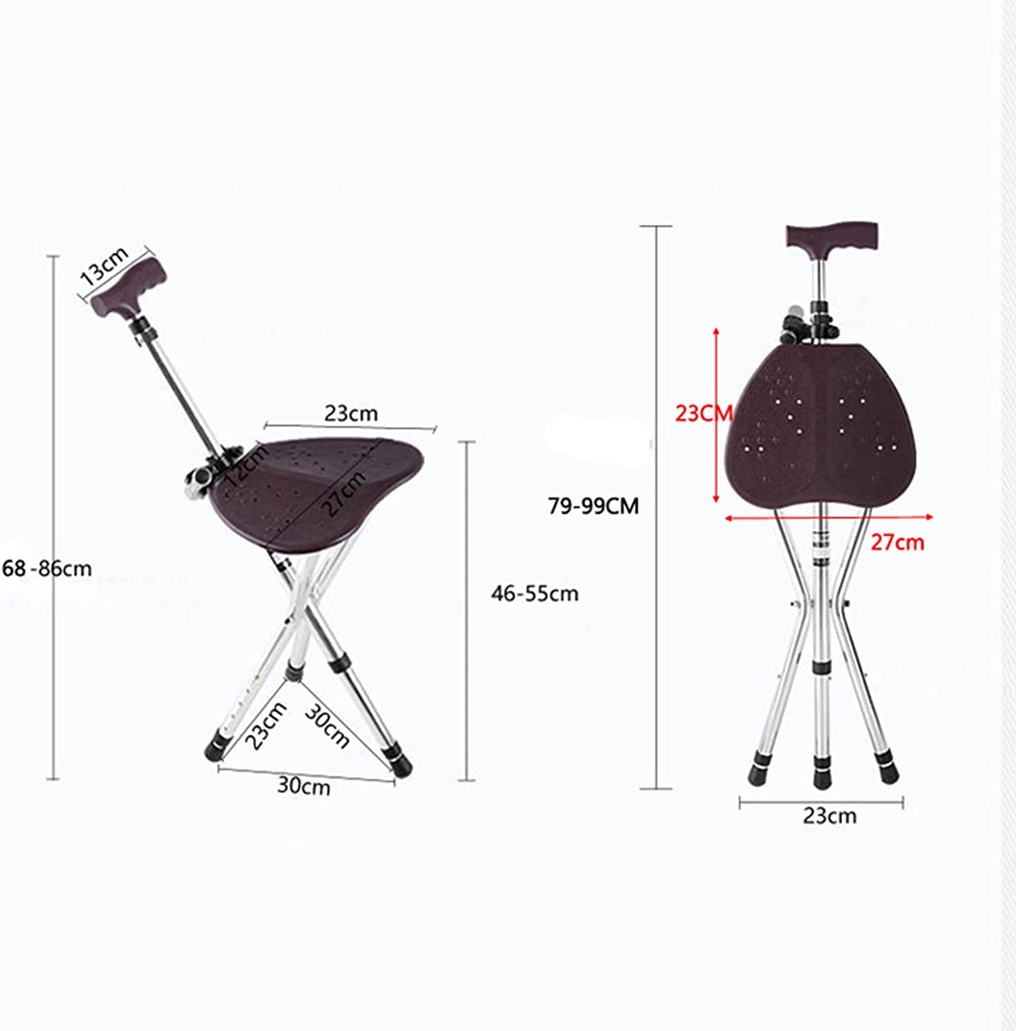 Stampelle da passeggio Sedia pieghevole per anziani Bastone da passeggio treppiede in alluminio leggero con sedile Sgabello stampella regolabile antiscivolo per adulti Uomini Donne Ausilio per la de