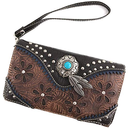 Zelris Floral Western Pu Tooled Leather Turquoise Concho Feathers Crossbody Trifold Wallet2