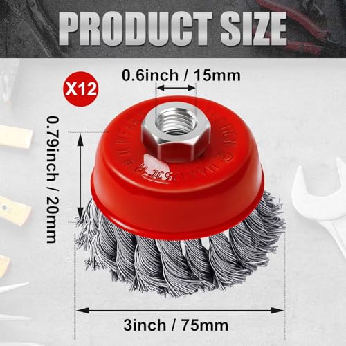 Image of Tioncy 12 Pack Wire Wheel for Angle Grinder, for 4-1 /2 inch Angle Grinder with 5 /8 inch-11 Arbor, Heavy Duty Carbon Brushes for Rust Removal Heavy Cleaning Polishing(Red,Knotted Wire Cup Brush)