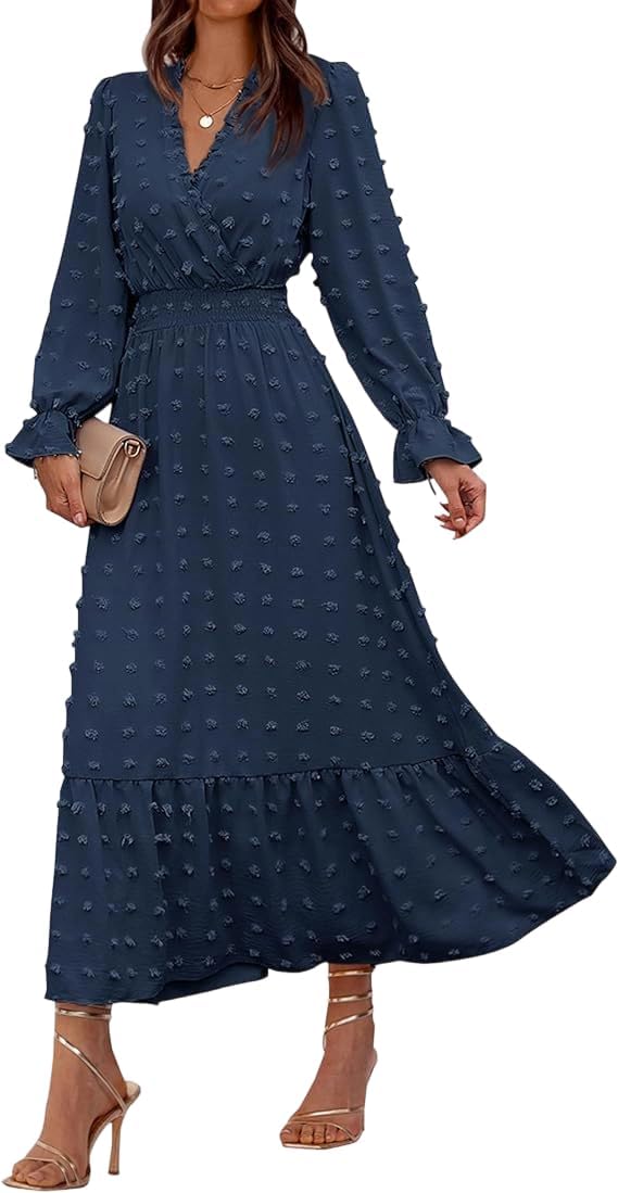 Women’s Tiered Maxi Dress Long Sleeve V-Neck Textured Ruffle Swing Dress Casual Formal Party Dress