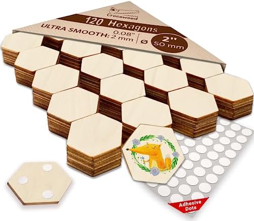 Crocowood 120 Pcs Blank Wooden Hexagons - 1 inch Small Wooden Hexagon Tiles as Wooden Pieces for Crafts - Hexagon Wood Shapes Cutouts for Wall Decorations - Unfinished Wood Hexagon Wood Pieces